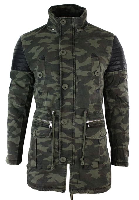 Mens Fishtail Parka Duffle Jacket Denim Pu Leather Fur Hood Long 34