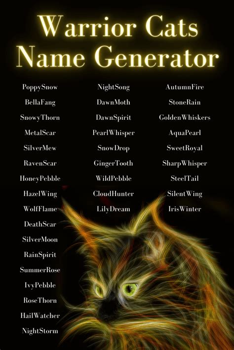 Use this warrior cats name generator to get unique names to use for your cats. Warrior Cats Name Generator: 100+ Warrior Cat Names ...