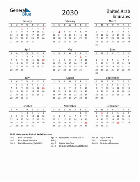 2030 United Arab Emirates Calendar With Holidays