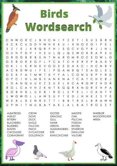 The Bird Watching Word Search Puzzle Is Shown With Fr