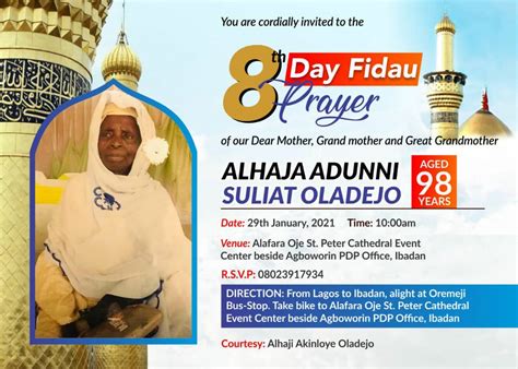 8th Day Fidau Prayer For Alhaja Adunni Suliat Oladejo Set To Hold
