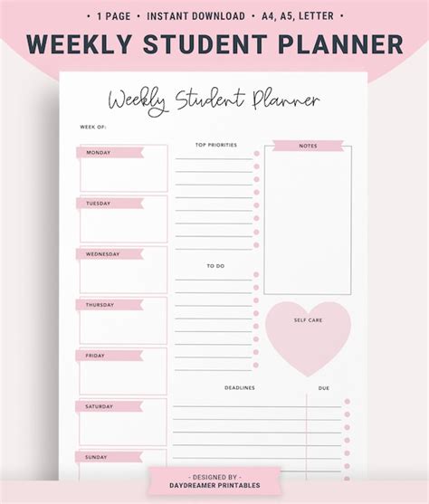 Student Planner Printable Insert Weekly Student Study Etsy