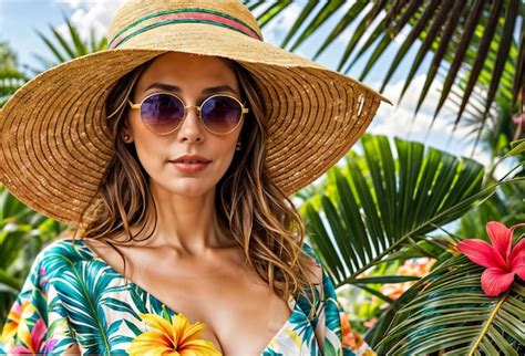 premium ai image fashion woman wearing huge straw hat and sunglasses colorful tropical flowers