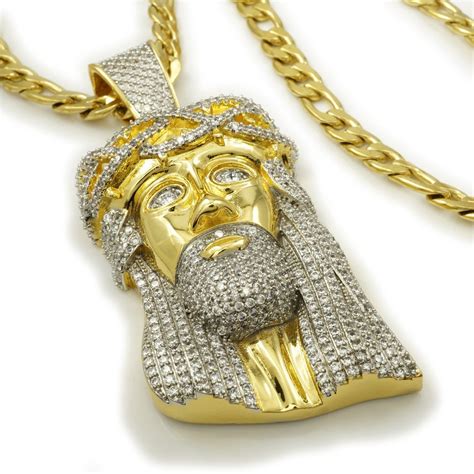 18k Gold Iced Jesus Piece With Figaro Chain Nivs Bling