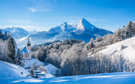 Wallpaper Bavarian Alps Winter Landscape Church Germany