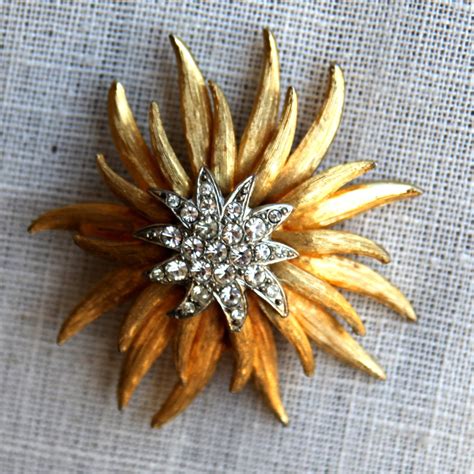 60s Vintage Coro Flower Brooch Silver Gold Color Rhinestone