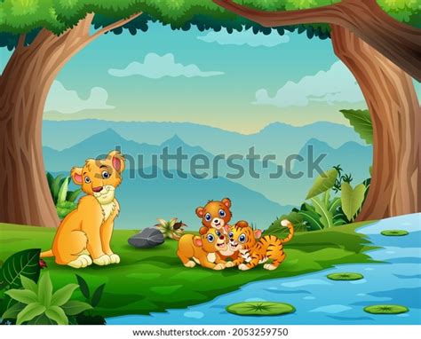 Cartoon Lions Tiger Playing By River Stock Vector Royalty Free 2053259750 Shutterstock