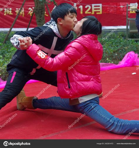 Young Chinese Couple Performs Kissing Stunt Kiss Contest Celebrate