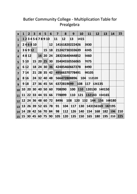 15 X 15 Multiplication Chart 92b