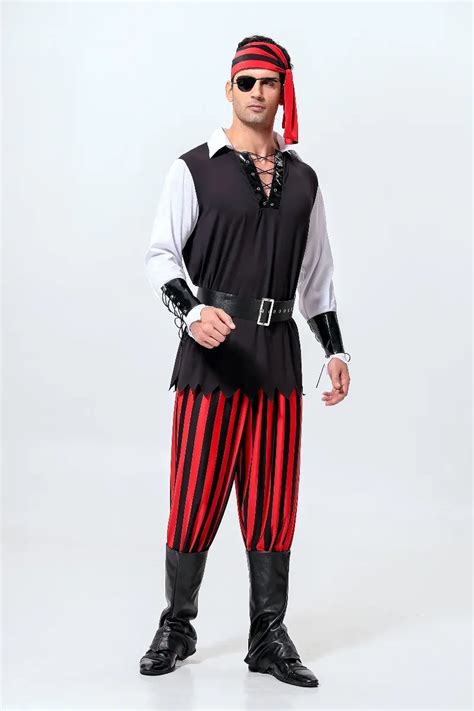 7pcsset Deluxe Adult Men Short Sleeve Striped Pirate Costumes