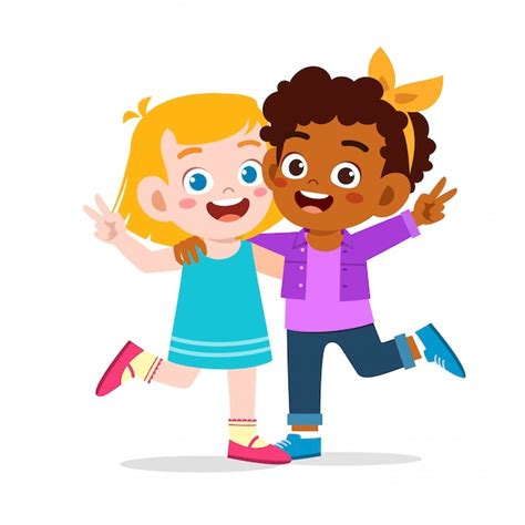 Happy Cute Kid Girl Hug Friend Together Vector Premium Download
