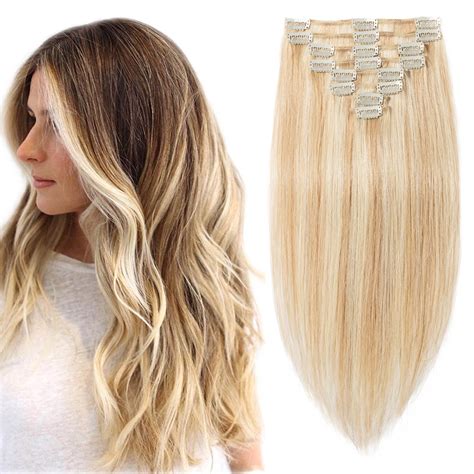 S Noilite Remy Clip In Full Head Straight Human Hair Extensions Pcs Blond Bleach Blonde