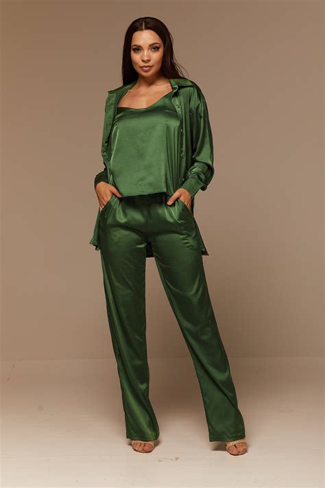 Moss Green Silk Pant Suit For Women Satin Three Piece Summer Etsy