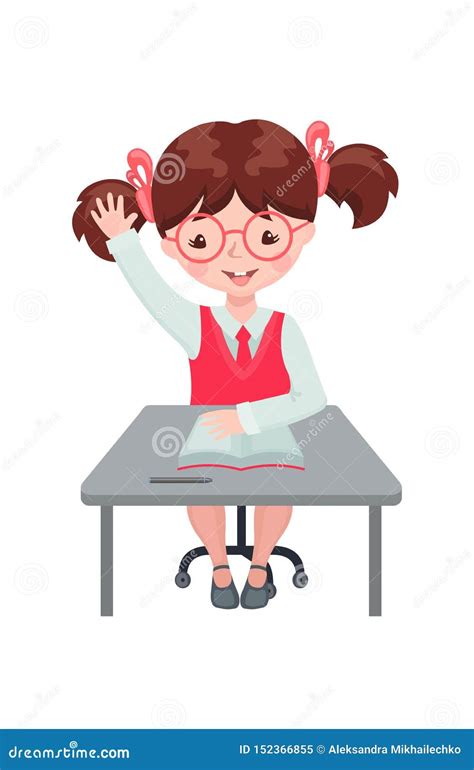 Pupil Girl Raising Hand For An Answer At The Desk Stock Vector