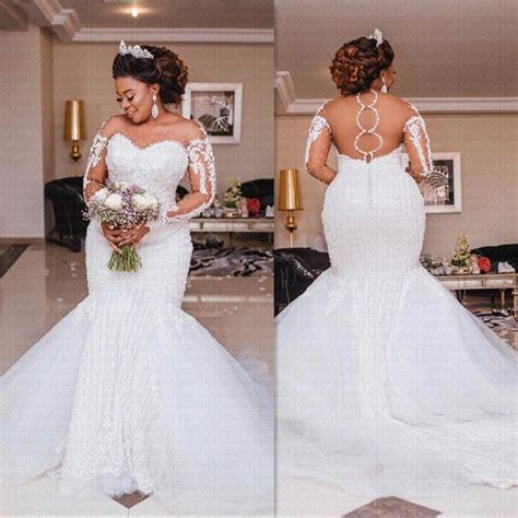 Luxury African Mermaid Wedding Dress 2019 Sheer Backless Long Sleeve Illusion Arabic Br Long