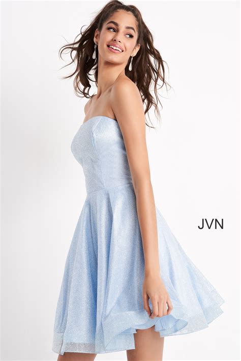 jvn04640 light blue fit and flare strapless cocktail dress