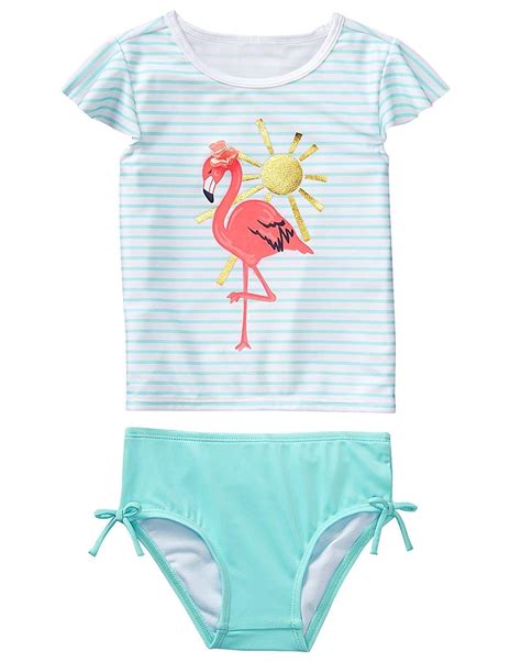 Toddler Girls Flutter Sleeve Rashguard Swim Set Mint Flamingo Stripe