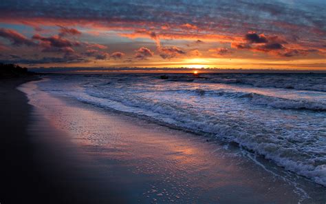 Meer Wellen Wasser Strand Sonnenuntergang Himmel Wolken Natur