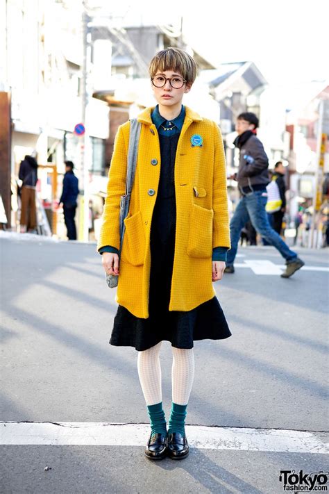 Cute Pixie Cut Round Glasses And Didizizi Mustard Coat In Harajuku Tokyo Fashion