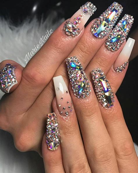 Coffin Acrylic Nails With Diamonds On One Nail Designnoses
