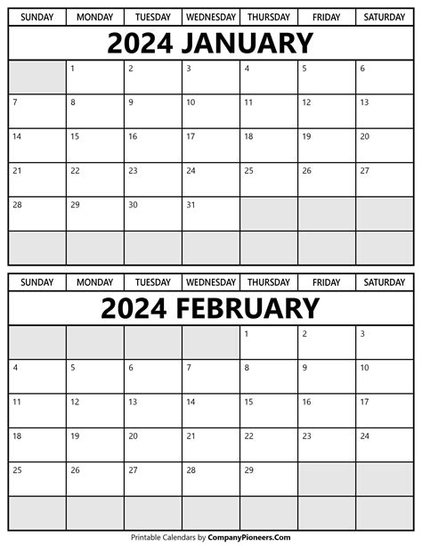 January February 2024 Calendar Printable Template