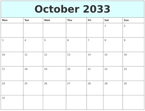 October 2033 Free Calendar