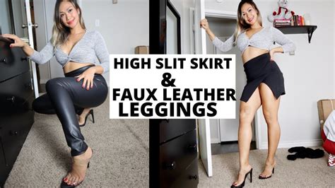 Faux Leather Leggings And High Slit Skirt Try On I N Heels Youtube