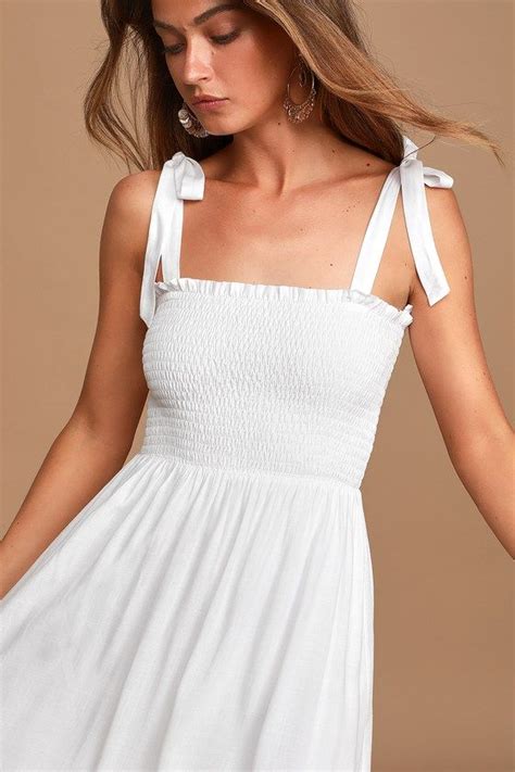 Looking Up White Smocked Tie Strap Midi Dress In 2021 Casual Summer