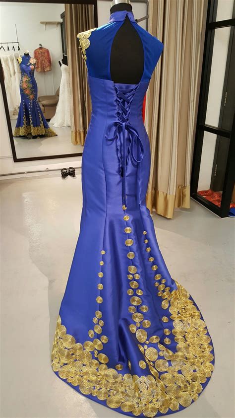 Royal Blue Wedding Oriental Cheongsam With Gold Thread Embroidery