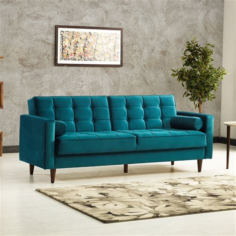 Mid Century Modern William Teal Velvet Sleeper Sofa