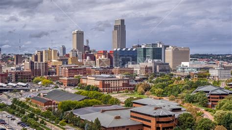 The Citys Skyline In Downtown Omaha Nebraska Aerial Stock Photo