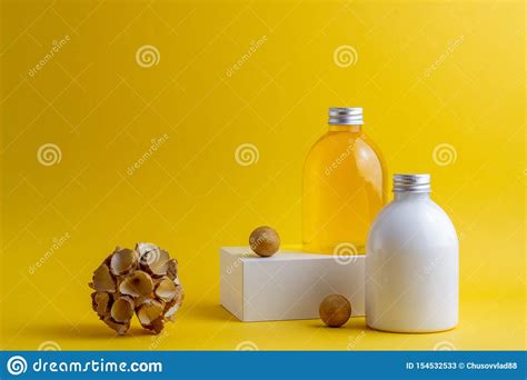 Cosmetics On A Yellow Background Minimalism Skincare Stock Image