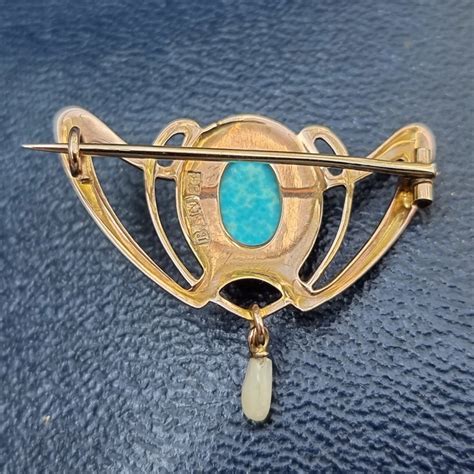Art Nouveau 9ct Gold Turquoise And Pearl Brooch By Barnet Henry Etsy