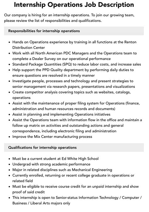 Internship Operations Job Description Velvet Jobs