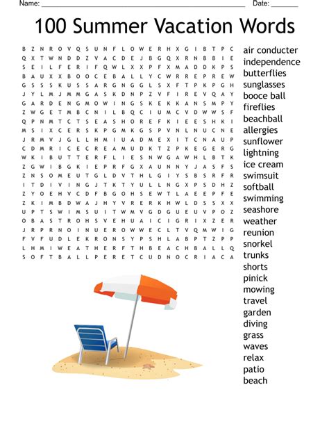 100 Summer Vacation Words Word Search Wordmint