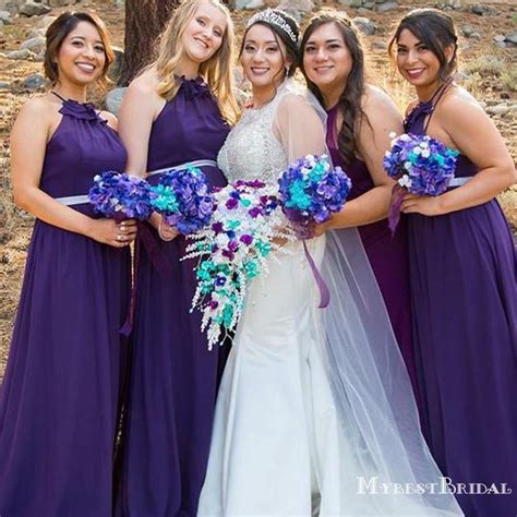 Purple Halter Sleeveless A Line Chiffon Long Cheap Bridesmaid Dresses