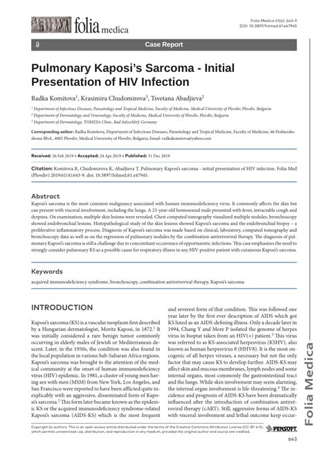 Pdf Pulmonary Kaposis Sarcoma Initial Presentation Of Hiv Infection