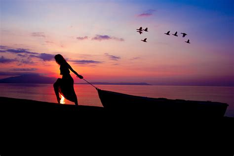 Women Towing Boat Beach Sunset Silhouette Wallpaperhd Nature