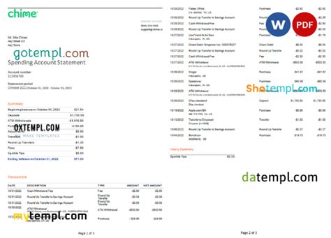 Usa Chime Bank Statement Word And Pdf Template Pages Gotempl Templates With Design Service
