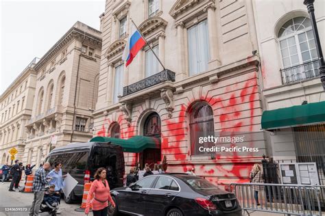 View Of Russian Consulate Vandalized With Red Paint Overnight After