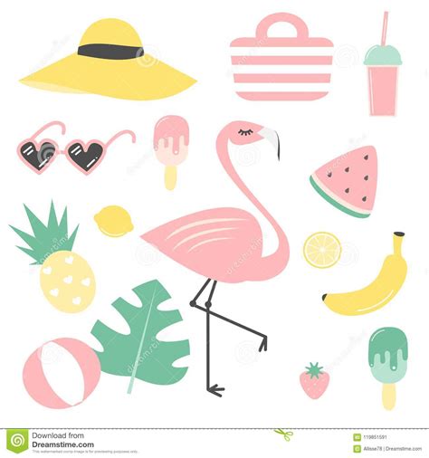Cute Cartoon Colorful Summer Set Collection Stock Vector Illustration