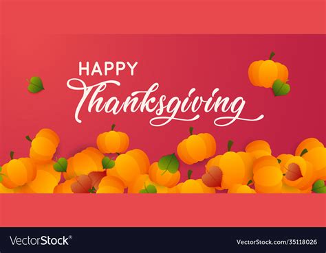 Happy Thanksgiving Text With Pumpkins And Leaves Vector Image