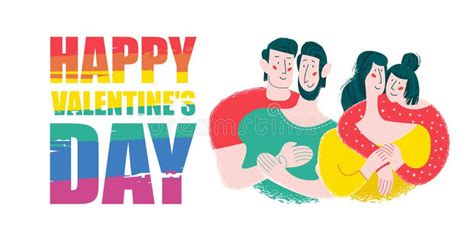 Happy Valentine`s Day Vector Greeting Card With Two Gay And Lesbian