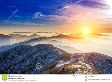 Winter Landscape With Sunset And Foggy In Deogyusan Mountains Stock