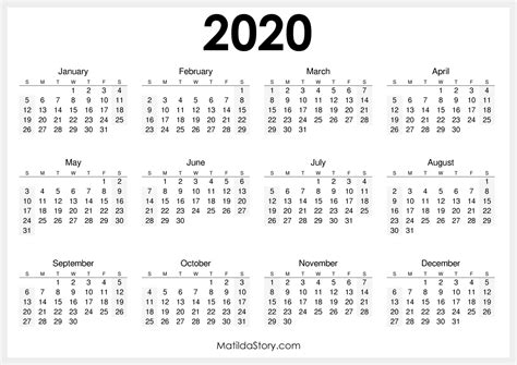 2020 Printable Free Calendar Horizontal White Sunday Start Hd