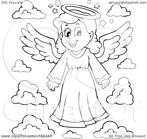 Cartoon Of An Outlined Girl Angel And Clouds Royalty Free Vector