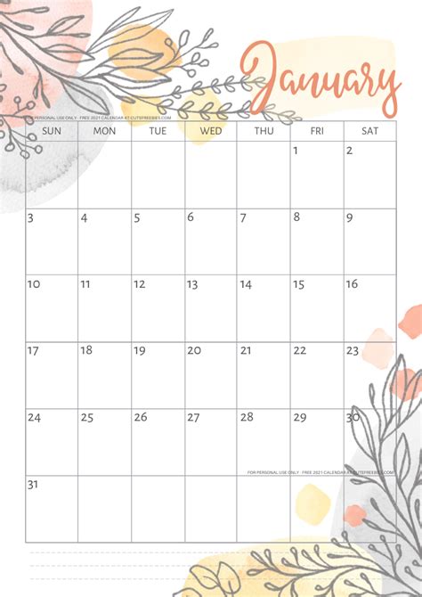 Free Printable January 2021 Calendar Pdf Cute Freebies For You