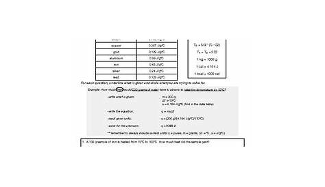 heat calculations worksheets answers