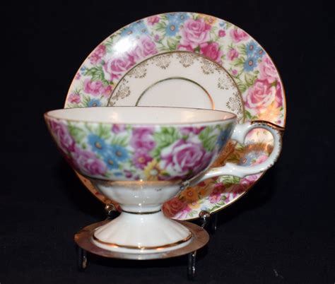 Vintage Enesco Footed Tea Cup And Saucer Roses Floral Gold Gild Euc