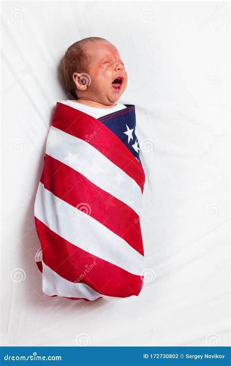 Little Crying Baby Infant Wrapped In Usa Flag Stock Photo Image Of